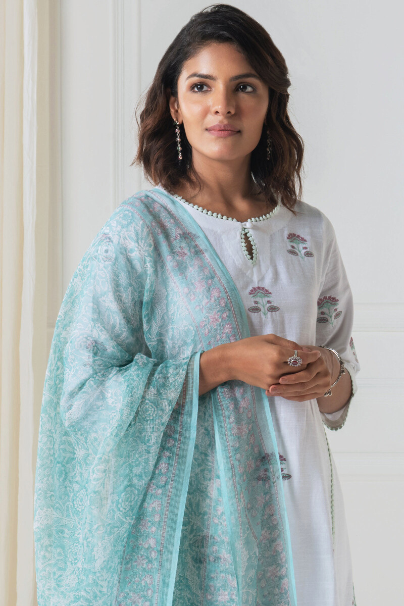 Turquoise Block Printed Kota Dupatta