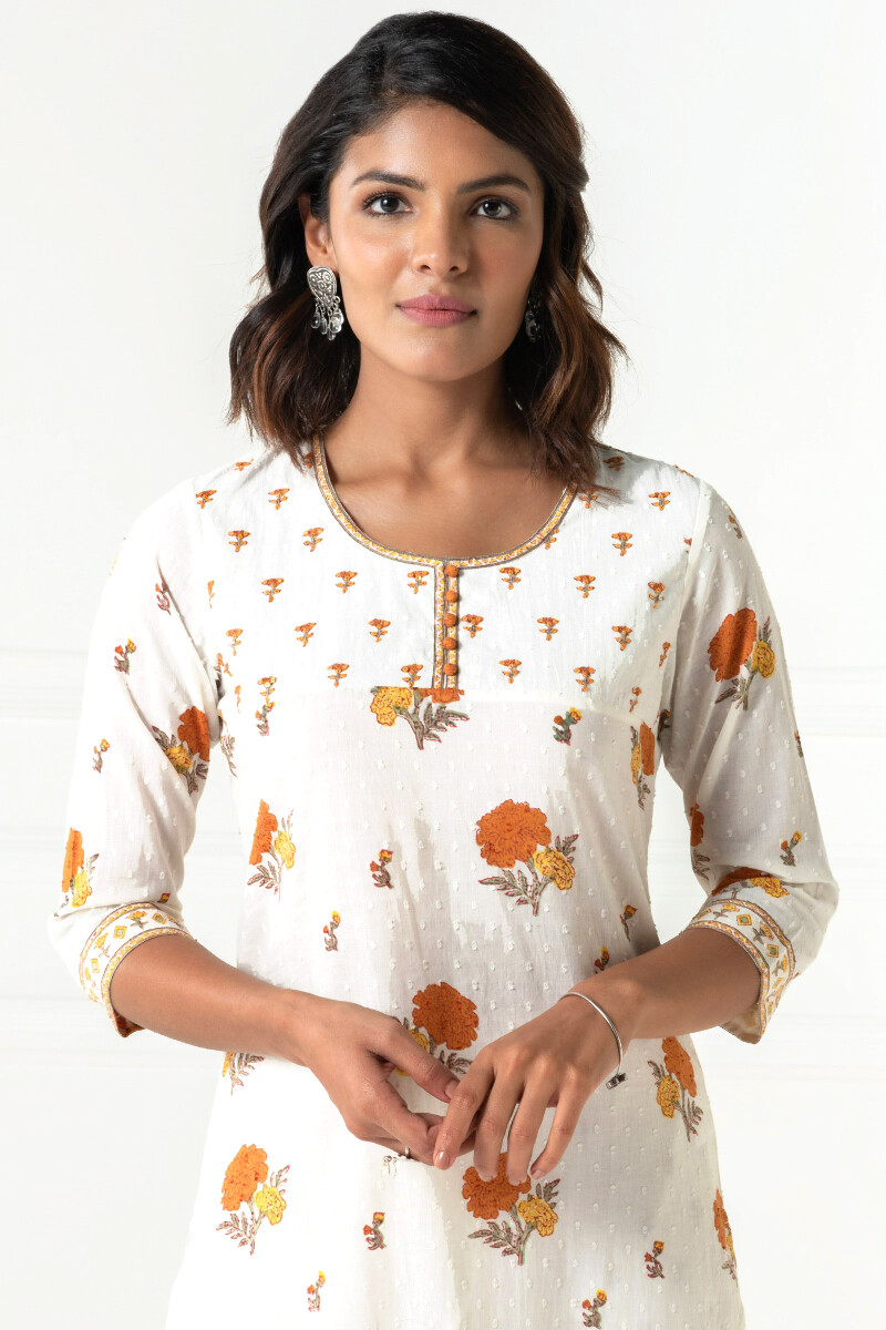 White Block Printed Straight Cotton Dobby Kurta