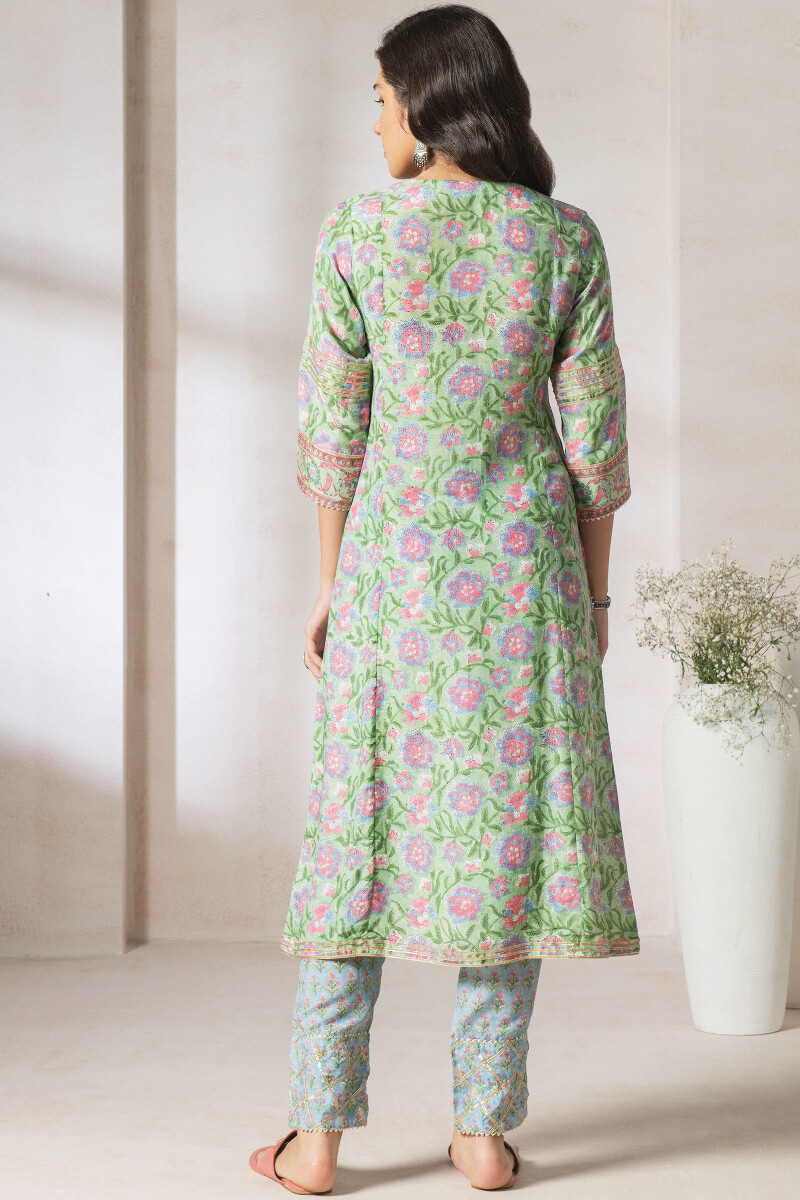 Green Block Printed Straight Cotton Kurta