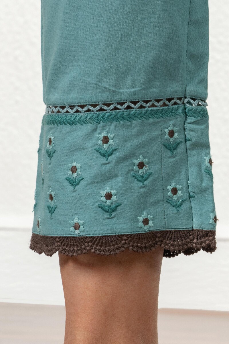 Turquoise Handcrafted Cotton Narrow Pants