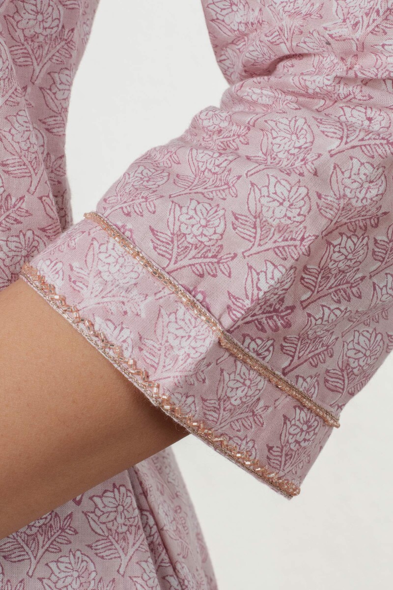 Pink Block Printed Straight Cotton Kurta