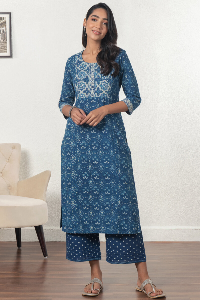Indigo Block Printed Straight Cotton Kurta