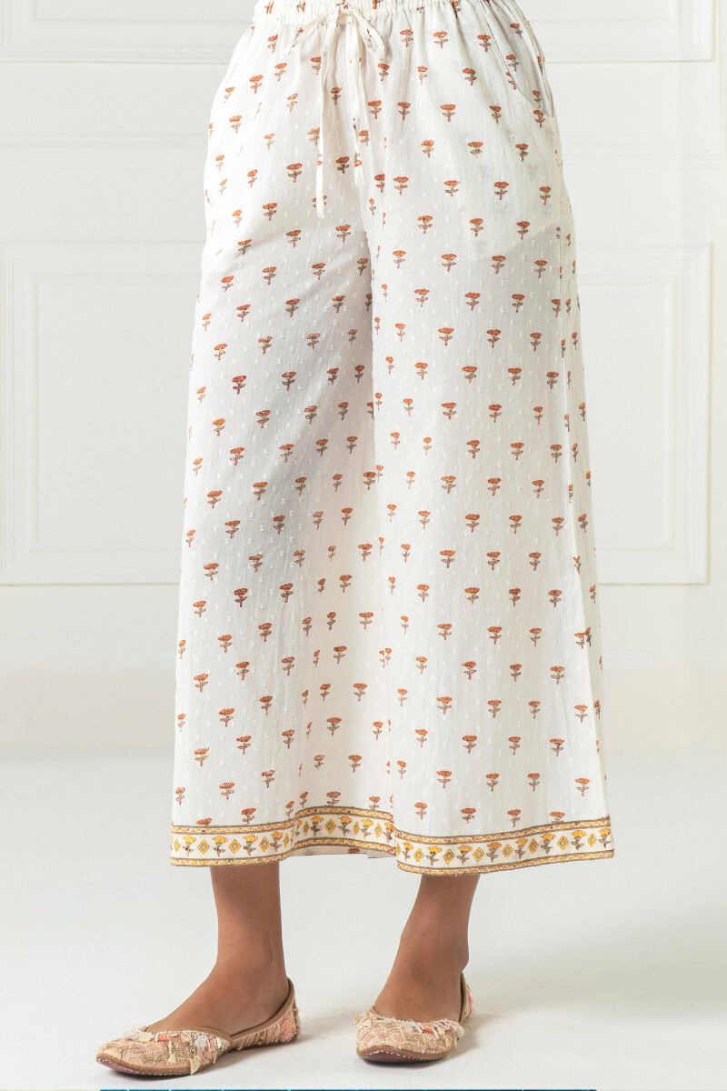 White Block Printed Cotton Dobby Palazzo