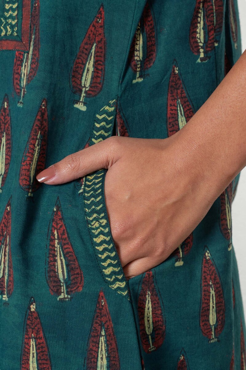 Green Block Printed Cotton Kaftan