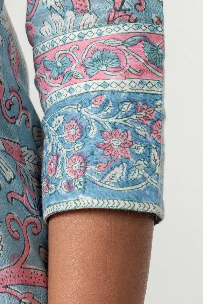 Blue Block Printed A-Line Cotton Kurta