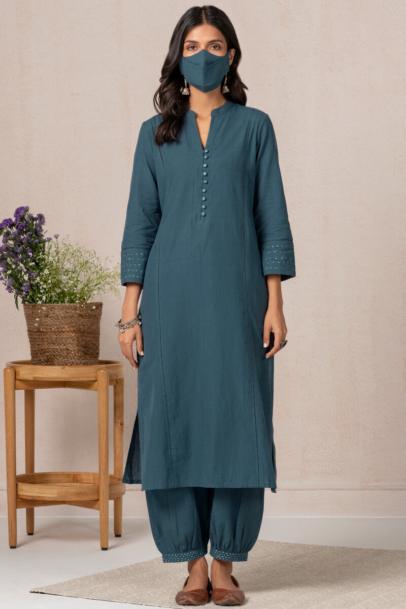 Blue Handcrafted Straight Cotton Kurta