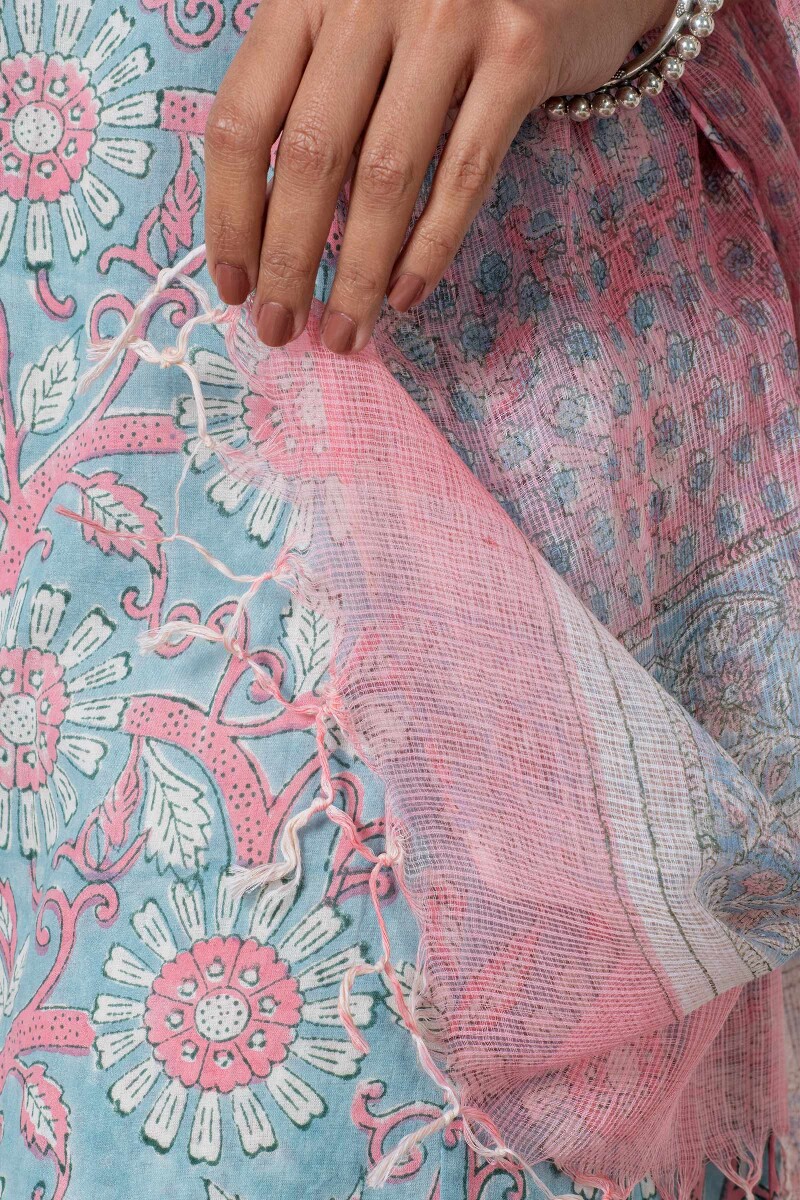 Pink Block Printed Kota Dupatta