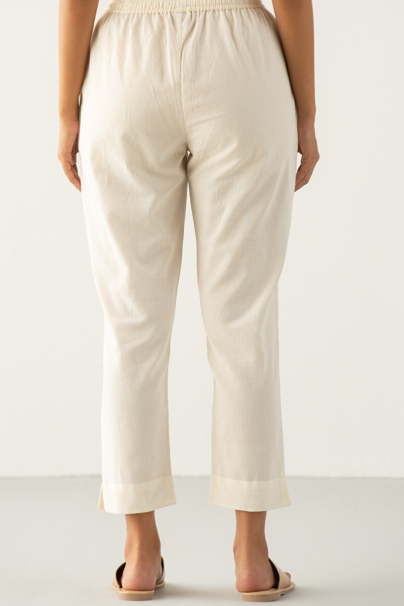 White Handcrafted Cotton Narrow Pants