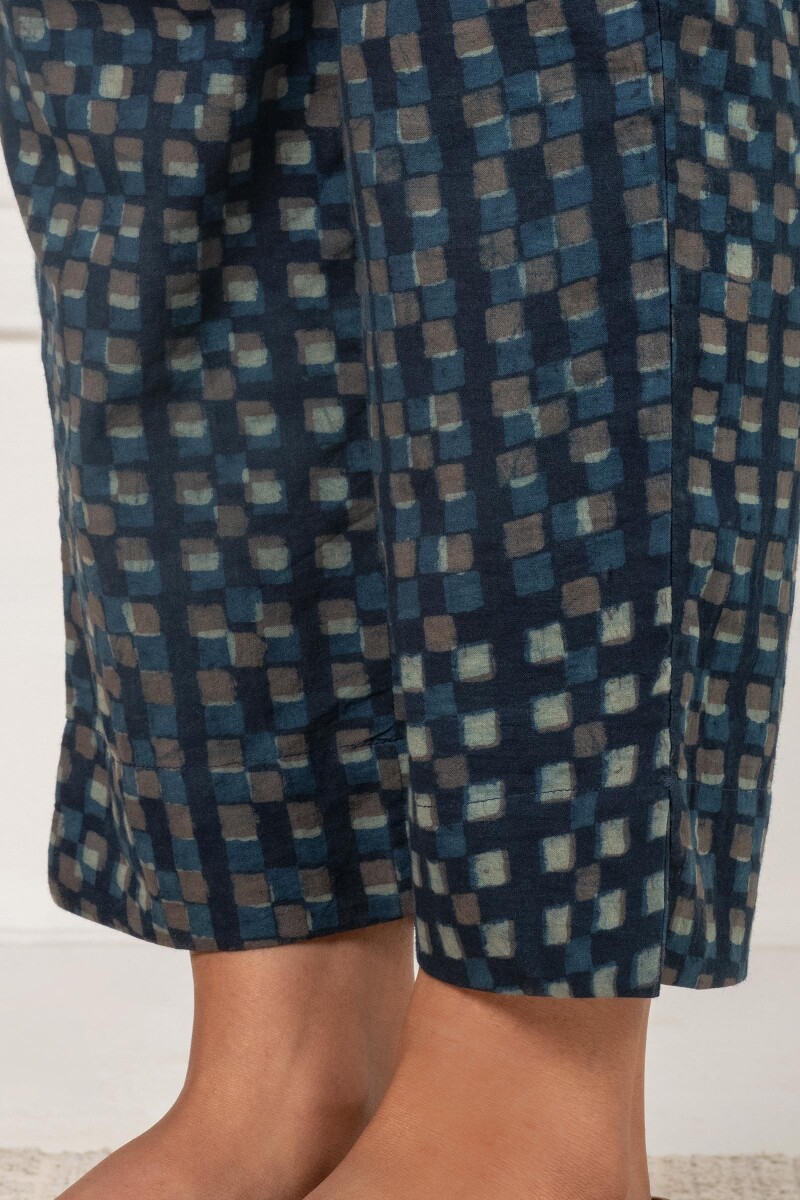 Indigo Block Printed Cotton Narrow Pants