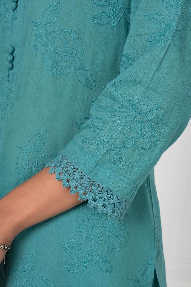 Turquoise Handcrafted Straight Cotton Kurta