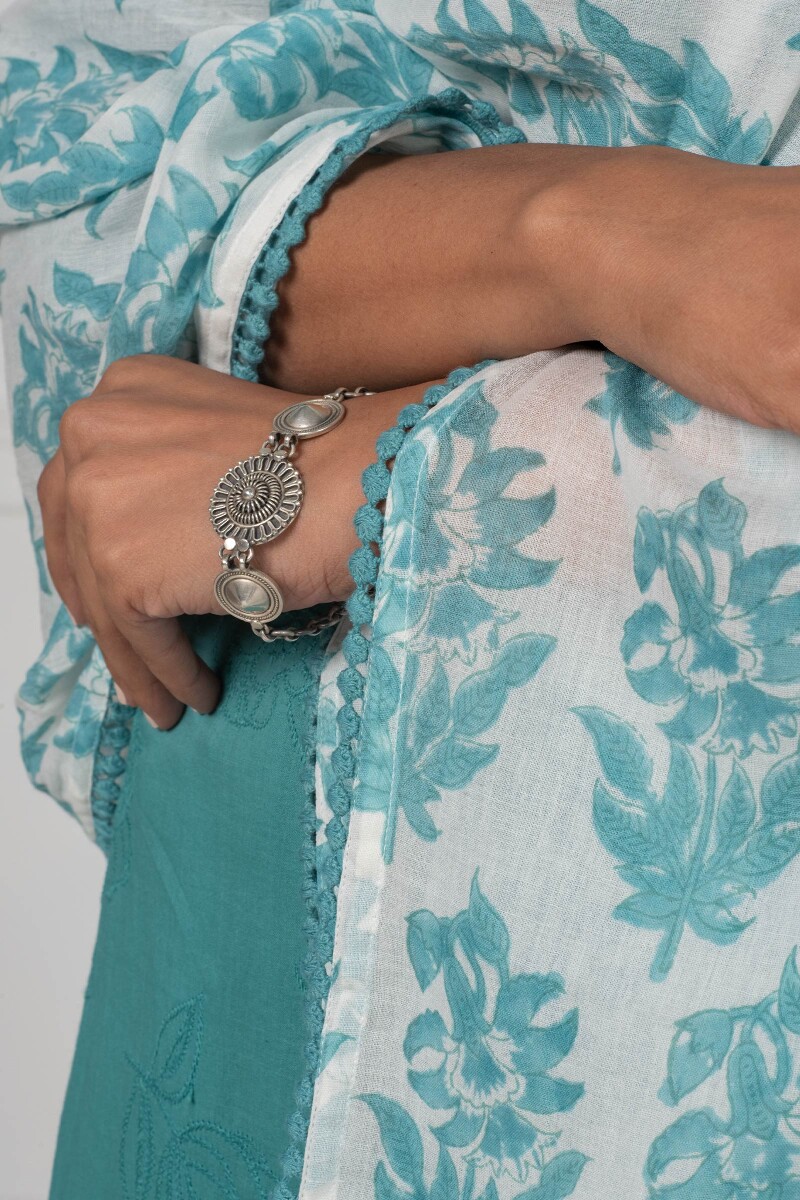 Turquoise Block Printed Cotton Dupatta