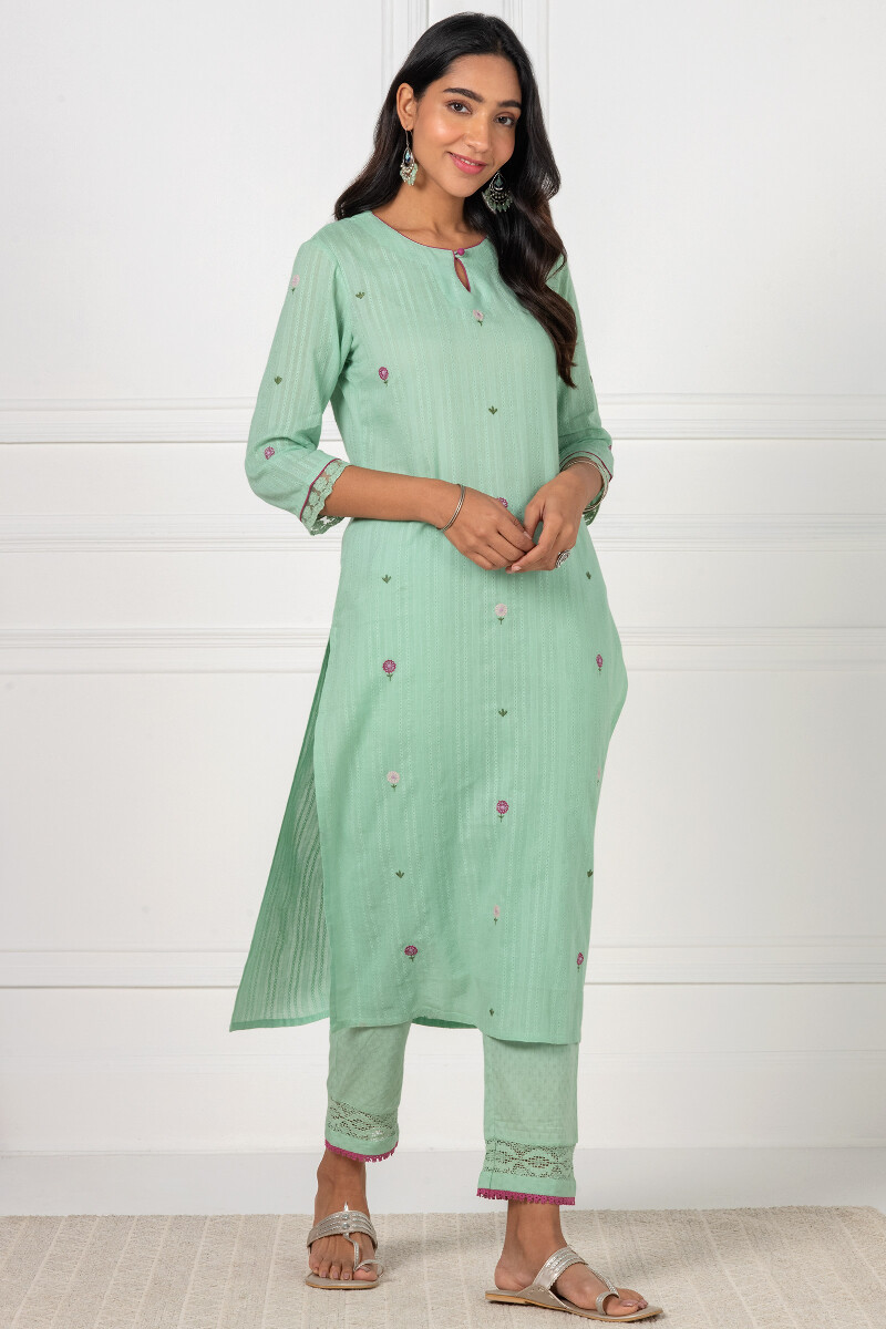Green Handcrafted Straight Cotton Dobby Kurta