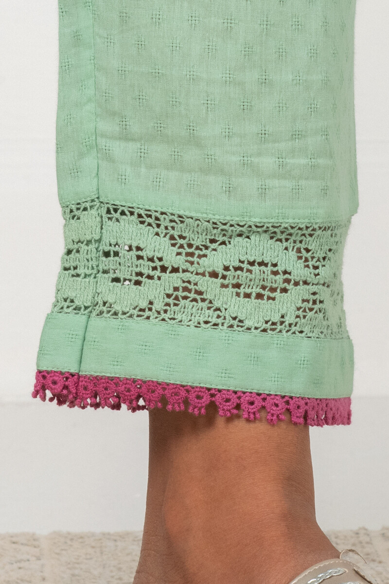 Green Handcrafted Cotton Dobby Narrow Pants