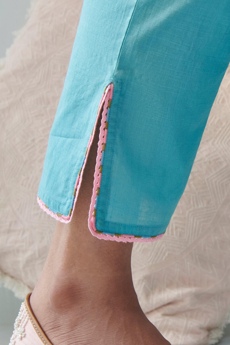 Blue Handcrafted Cotton Linen Narrow Pants