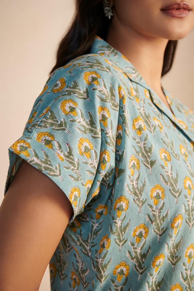 Blue Block Printed Cotton Pyjama Set