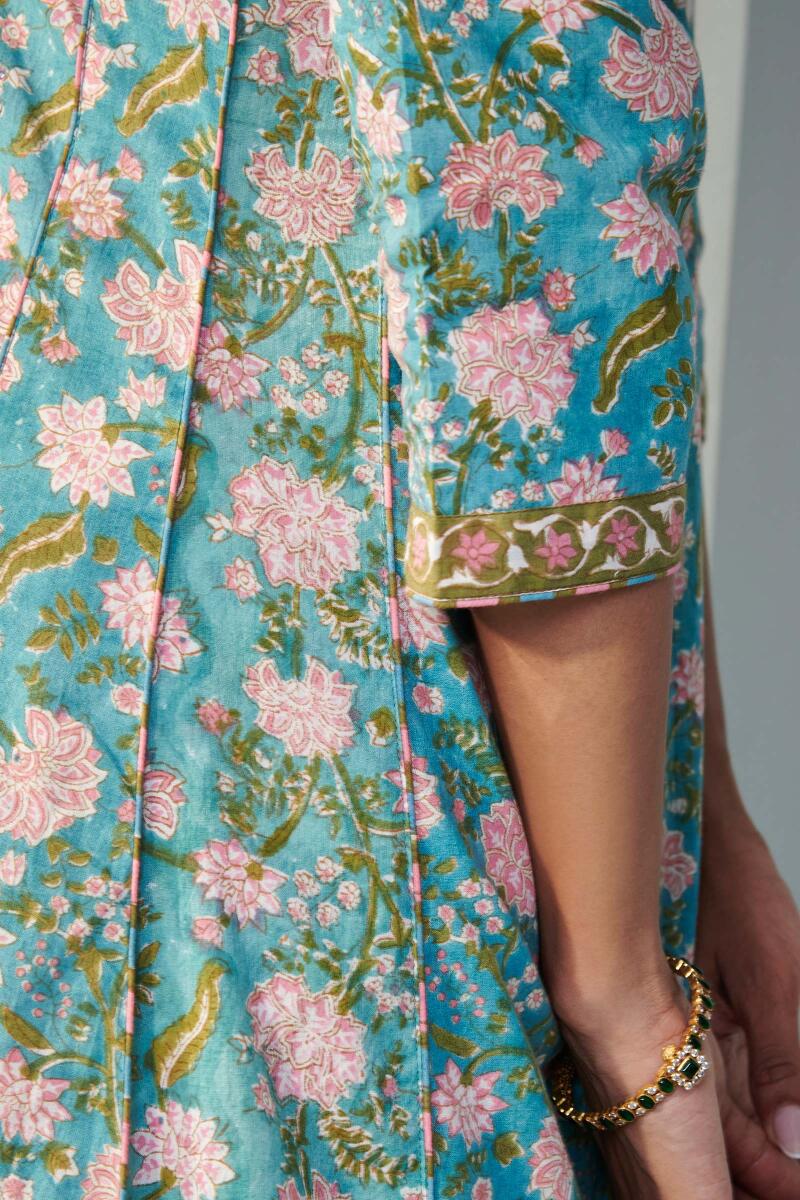 Blue Block Printed Straight Cotton Kurta