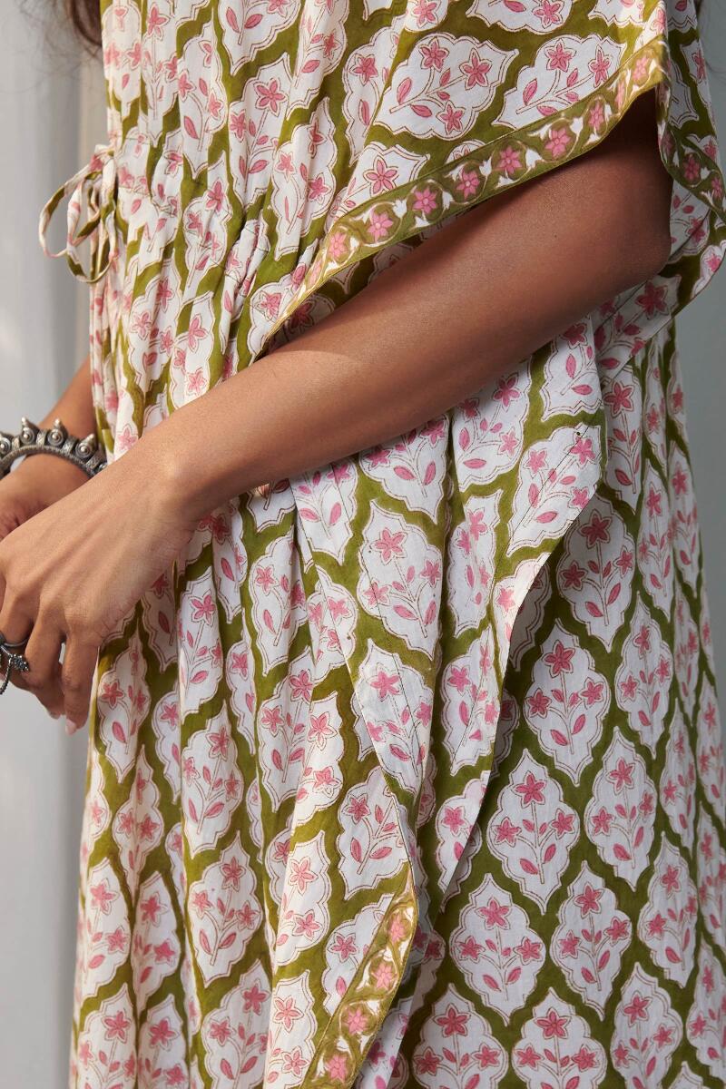 Green Block Printed Cotton Kaftan