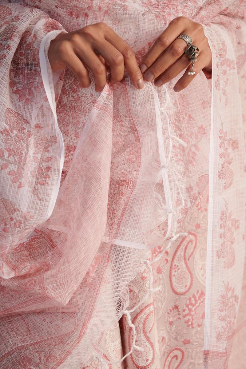 White Block Printed Kota Dupatta