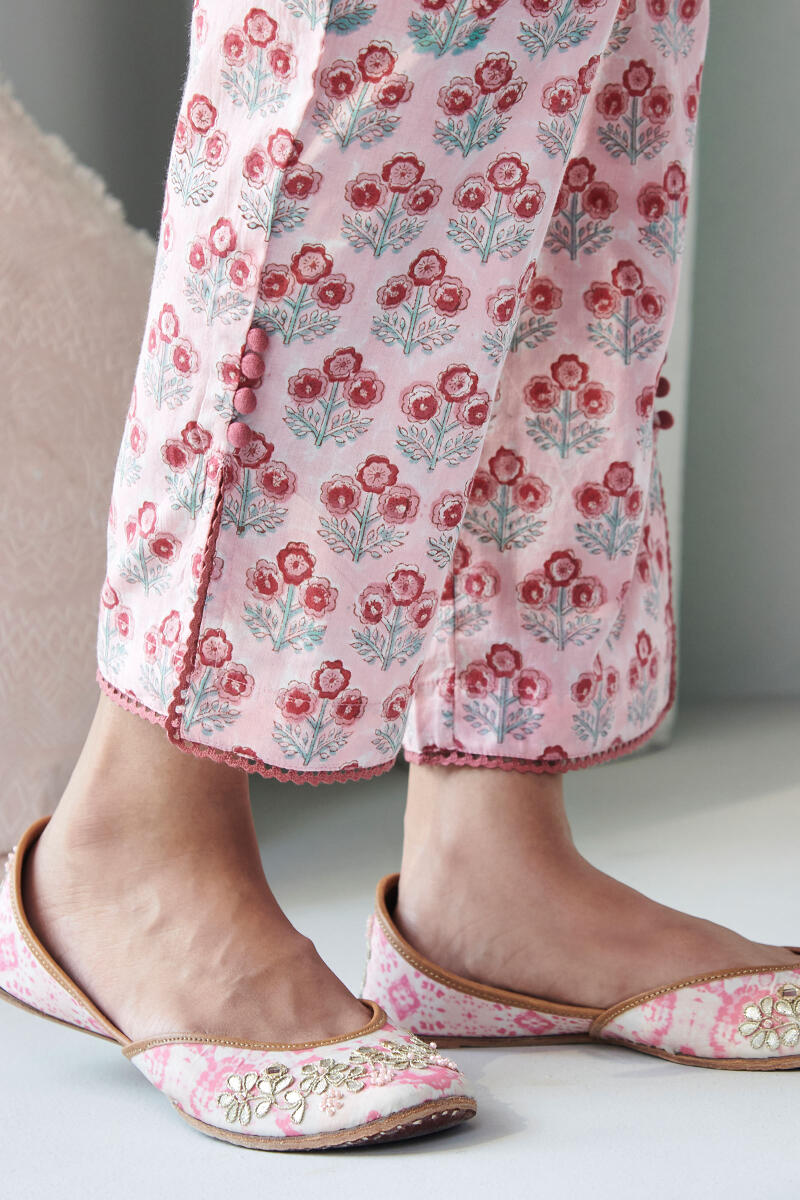 Pink Handcrafted Cotton Narrow Pants