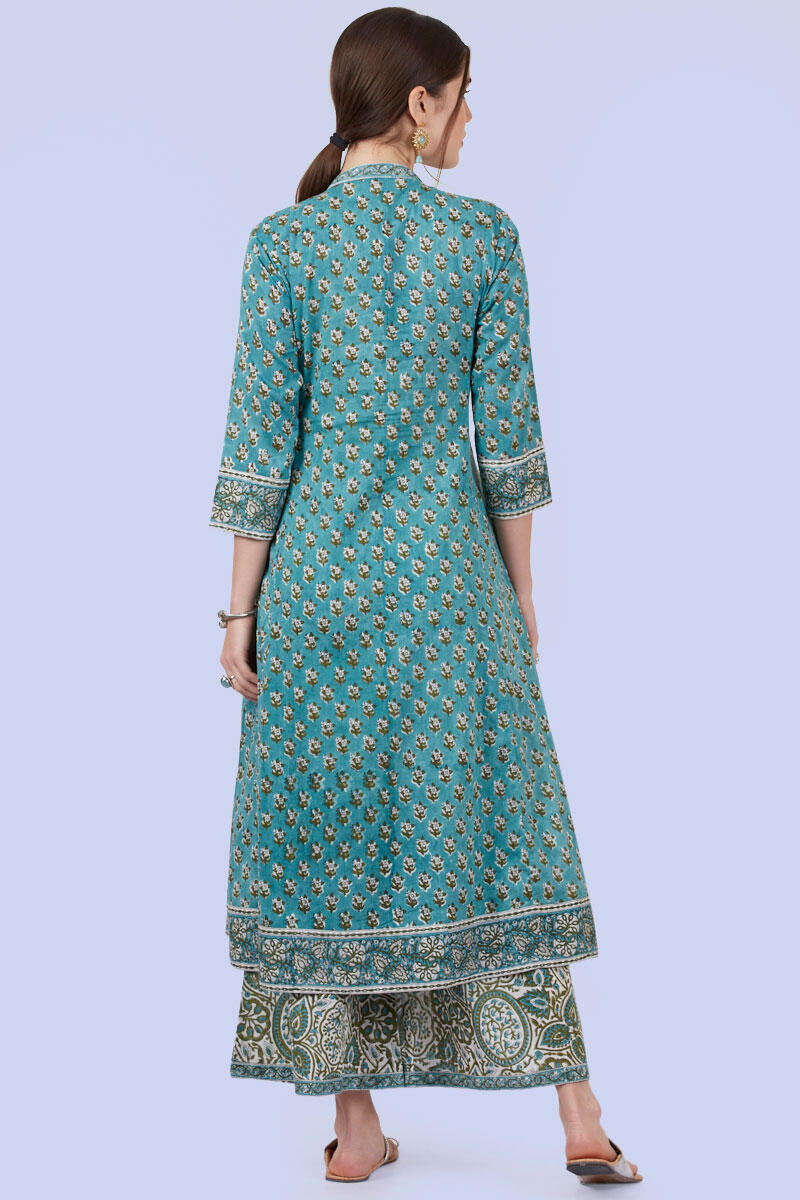 Blue Block Printed Angrakha Cotton Kurta