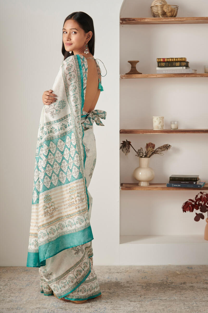 Blue Block Printed Chanderi Saree