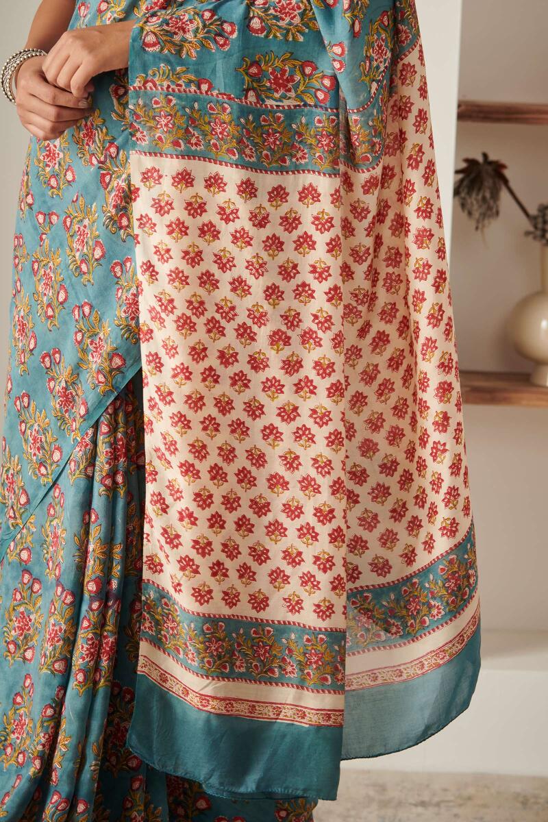 Blue Block Printed Modal Saree