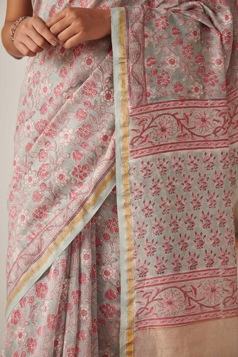 Green Block Printed Chanderi Silk Saree