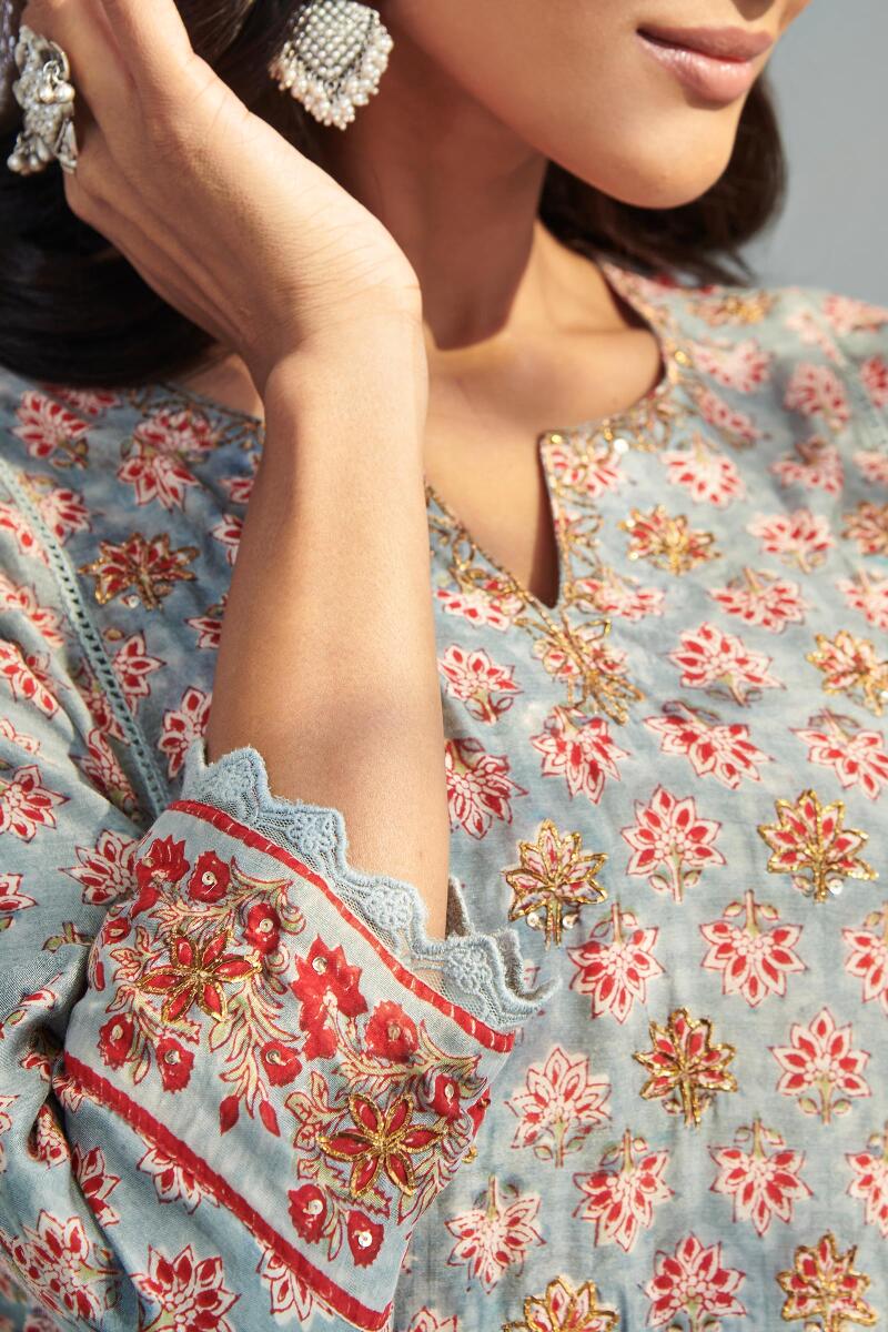Blue Block Printed Straight Modal Kurta