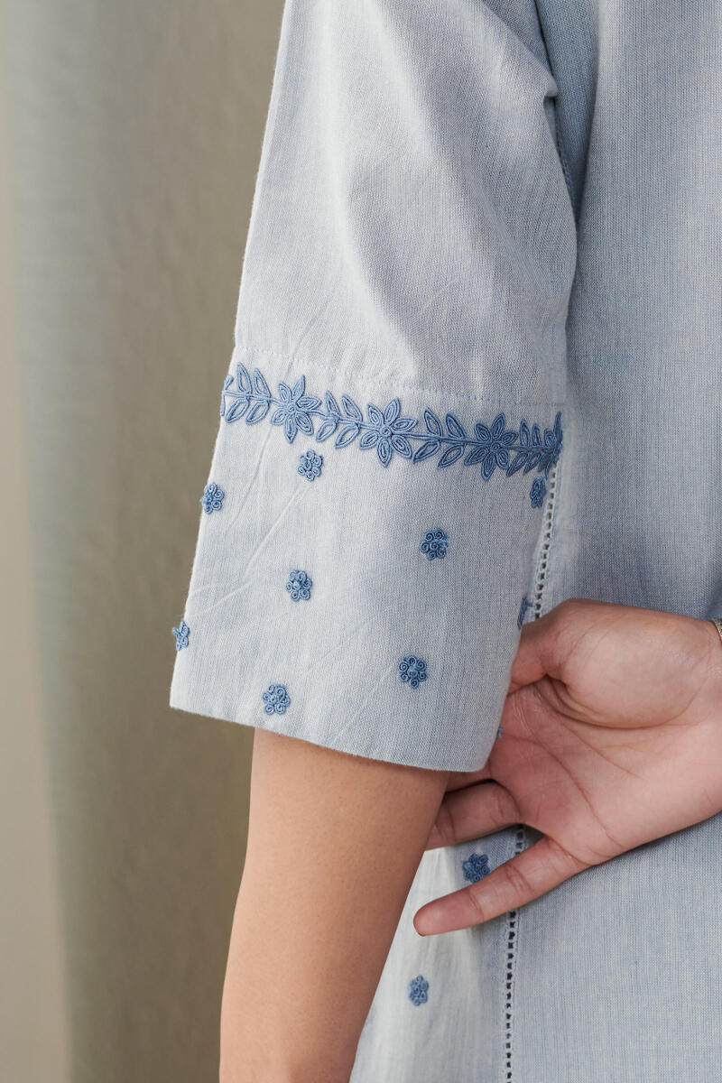 Blue Handcrafted Straight Cotton Kurta