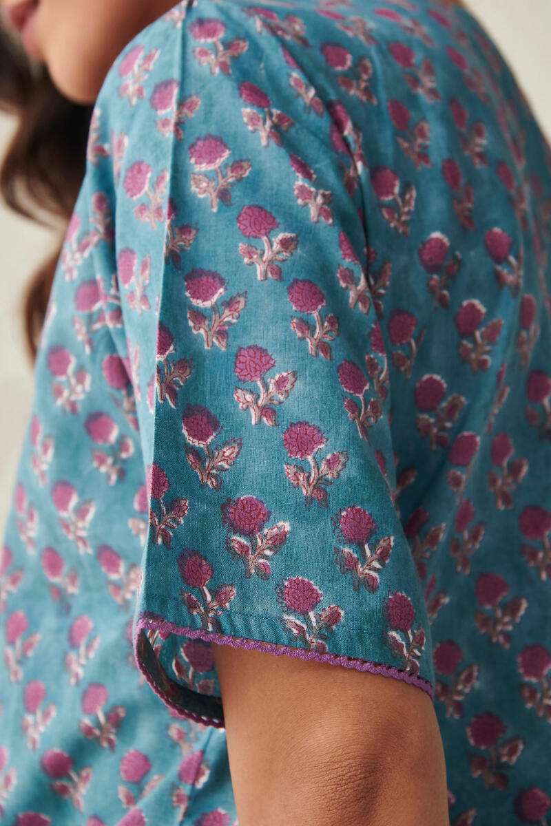 Blue Block Printed Cotton Loungewear Set