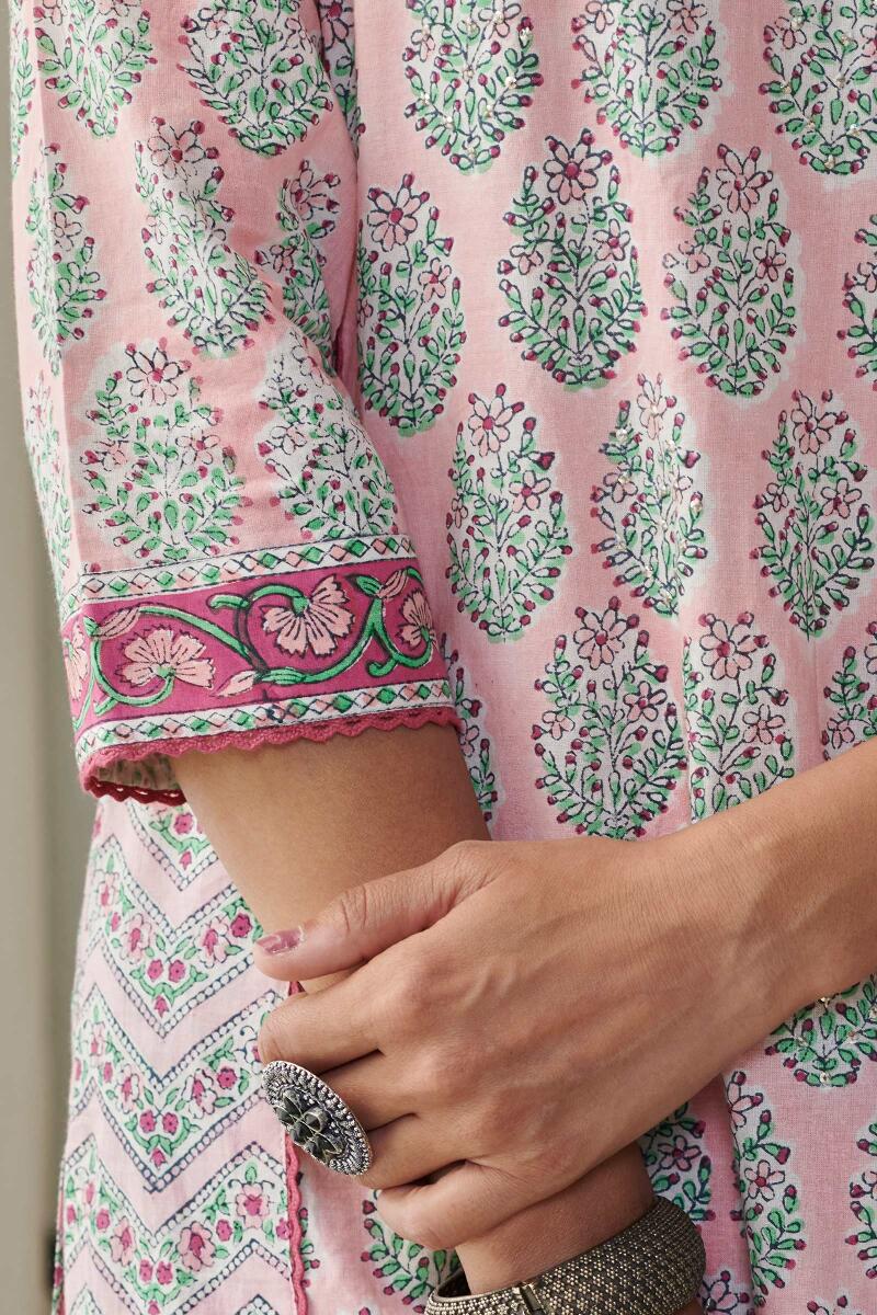Pink Block Printed Straight Cotton Kurta