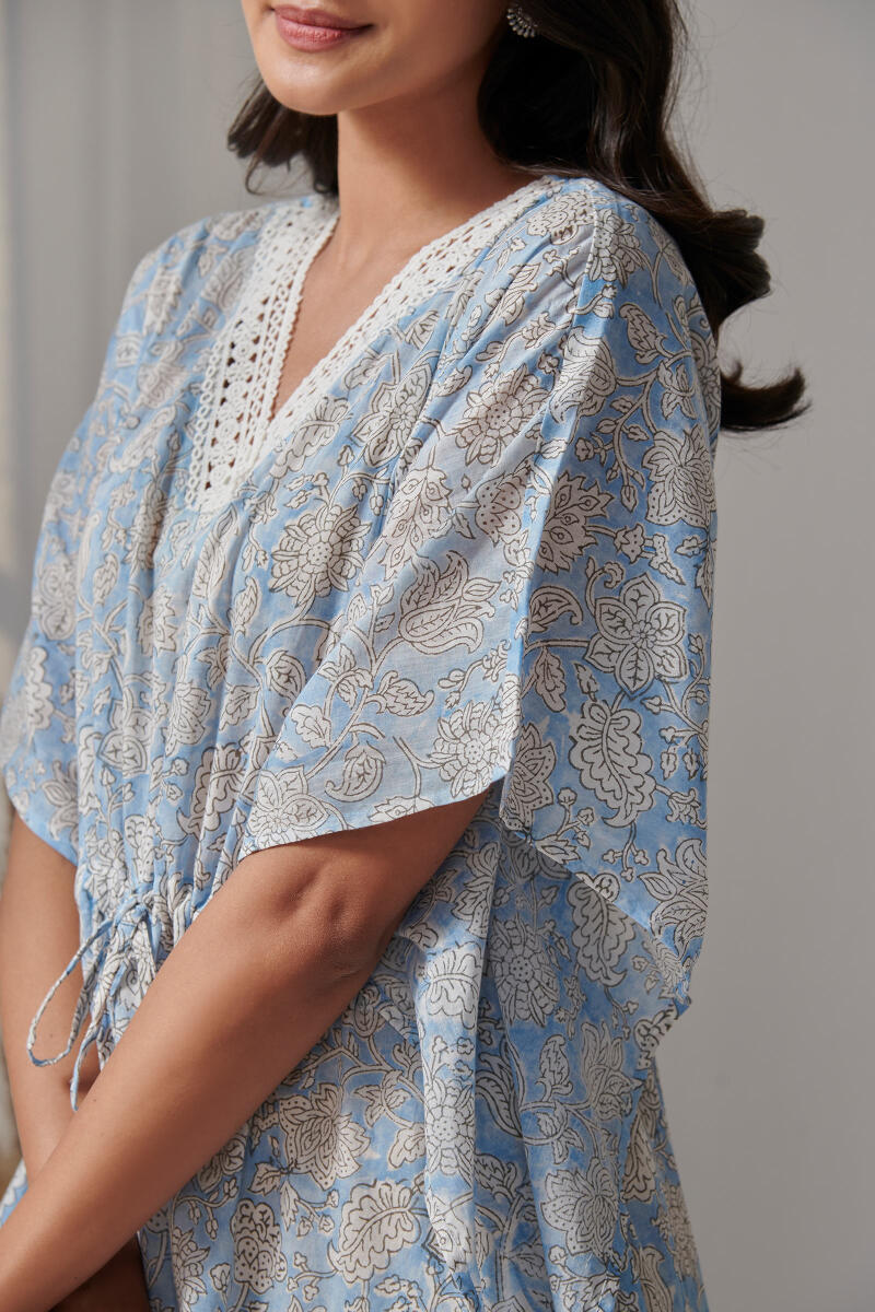 Blue Block Printed Cotton Kaftan