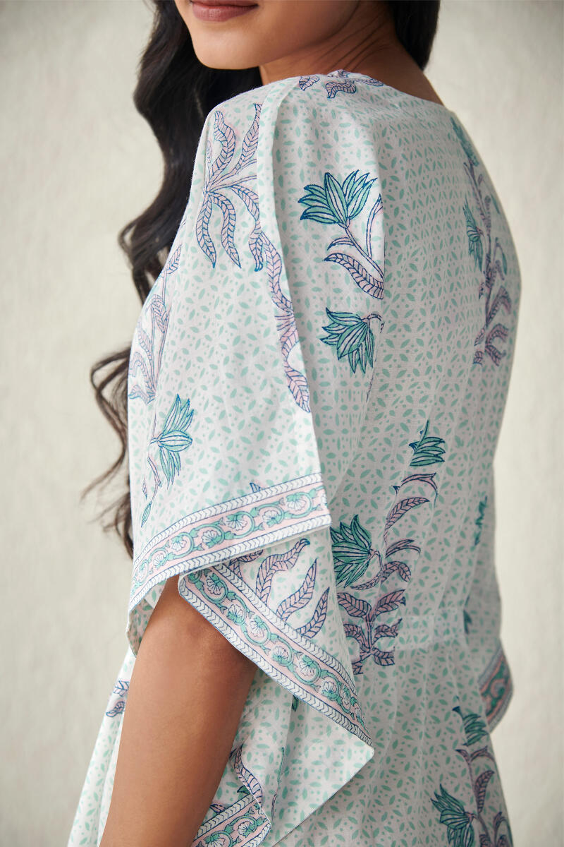 White Hand Block Printed Cotton Kaftan