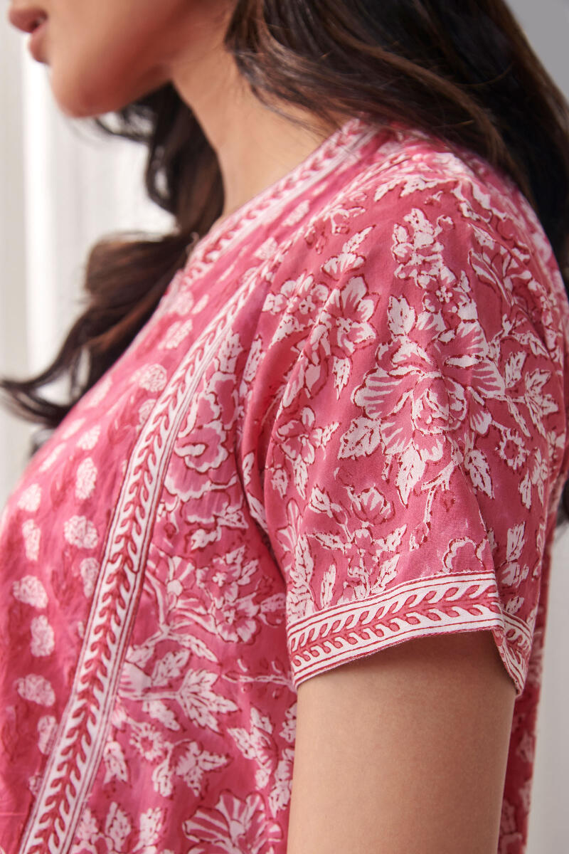Pink Hand Block Printed Cotton Kaftan