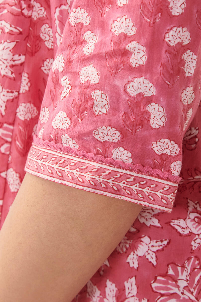 Pink Hand Block Printed A-Line Cotton Kurta