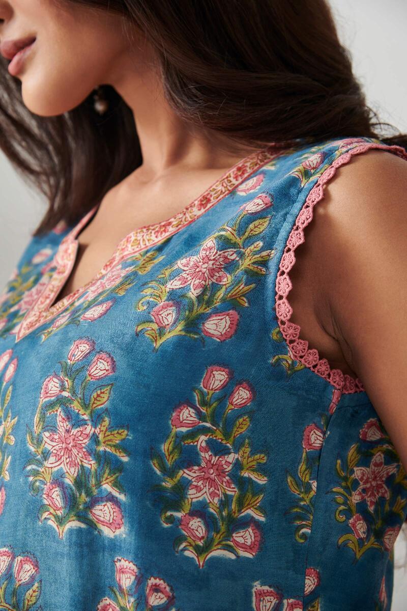 Blue Block Printed Straight Cotton Modal Kurta