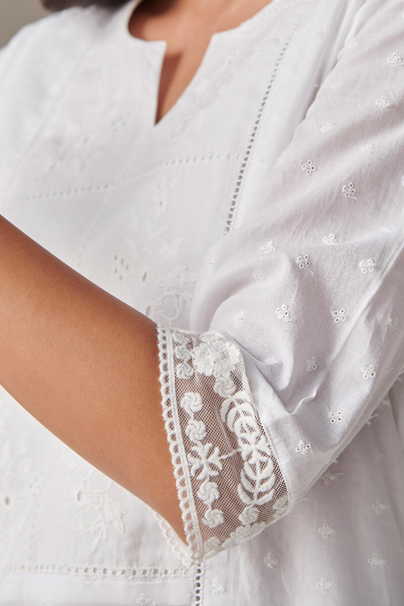 White Handcrafted Straight Cotton Kurta