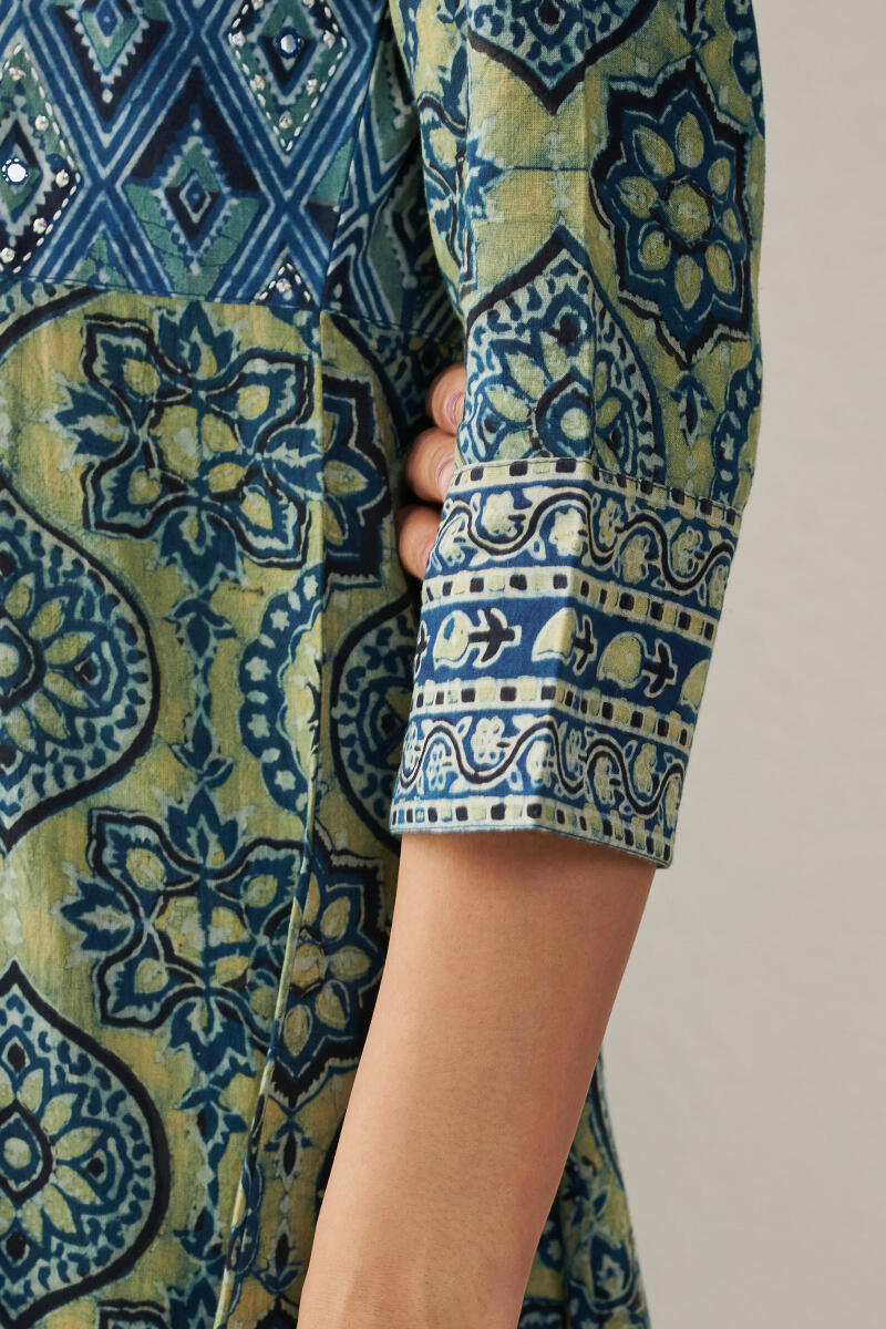 Green Block Printed A-Line Cotton Kurta