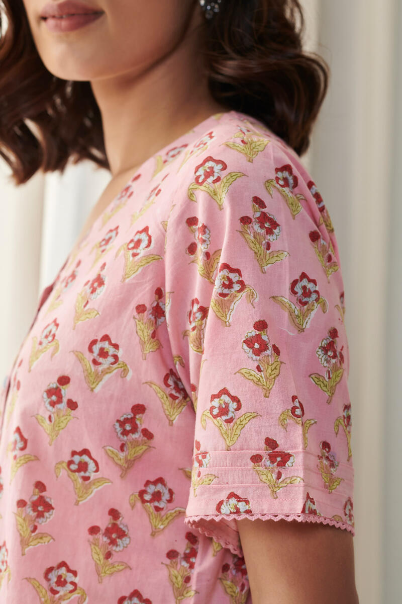 Pink Block Printed Cotton Loungewear Set