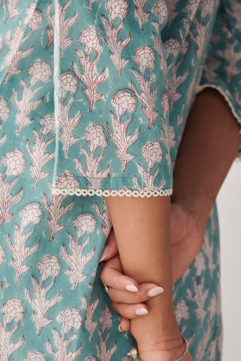 Blue Block Printed Cotton Loungewear Set