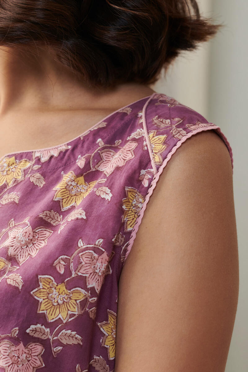 Purple Block Printed Cotton Loungewear Set