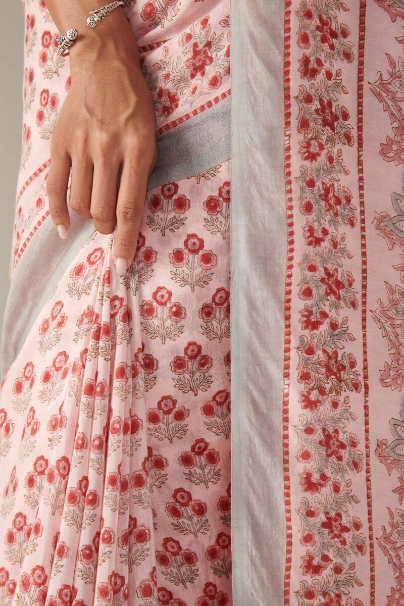Pink Block Printed Modal Saree