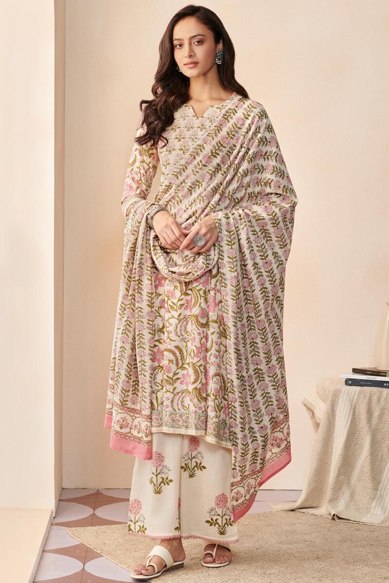 Off-White Hand Block Printed Cotton Palazzo