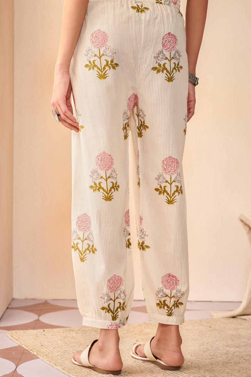 Off-White Hand Block Printed Cotton Izhaar Pants