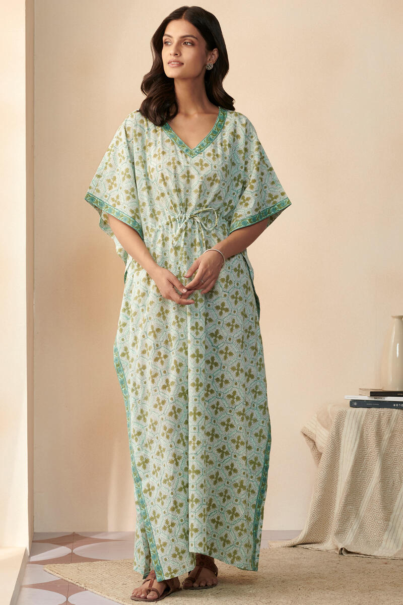 Green Hand Block Printed Cotton Kaftan
