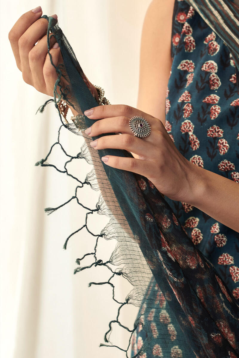 Black Hand Block Printed Kota Dupatta