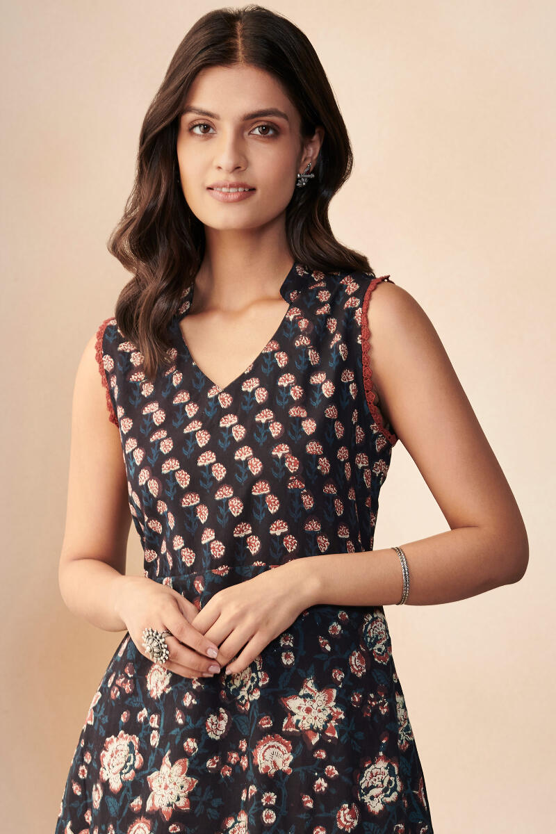 Black Hand Block Printed Cotton Dress
