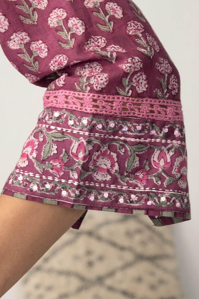 Purple Hand Block Printed A-Line Cotton Kurta