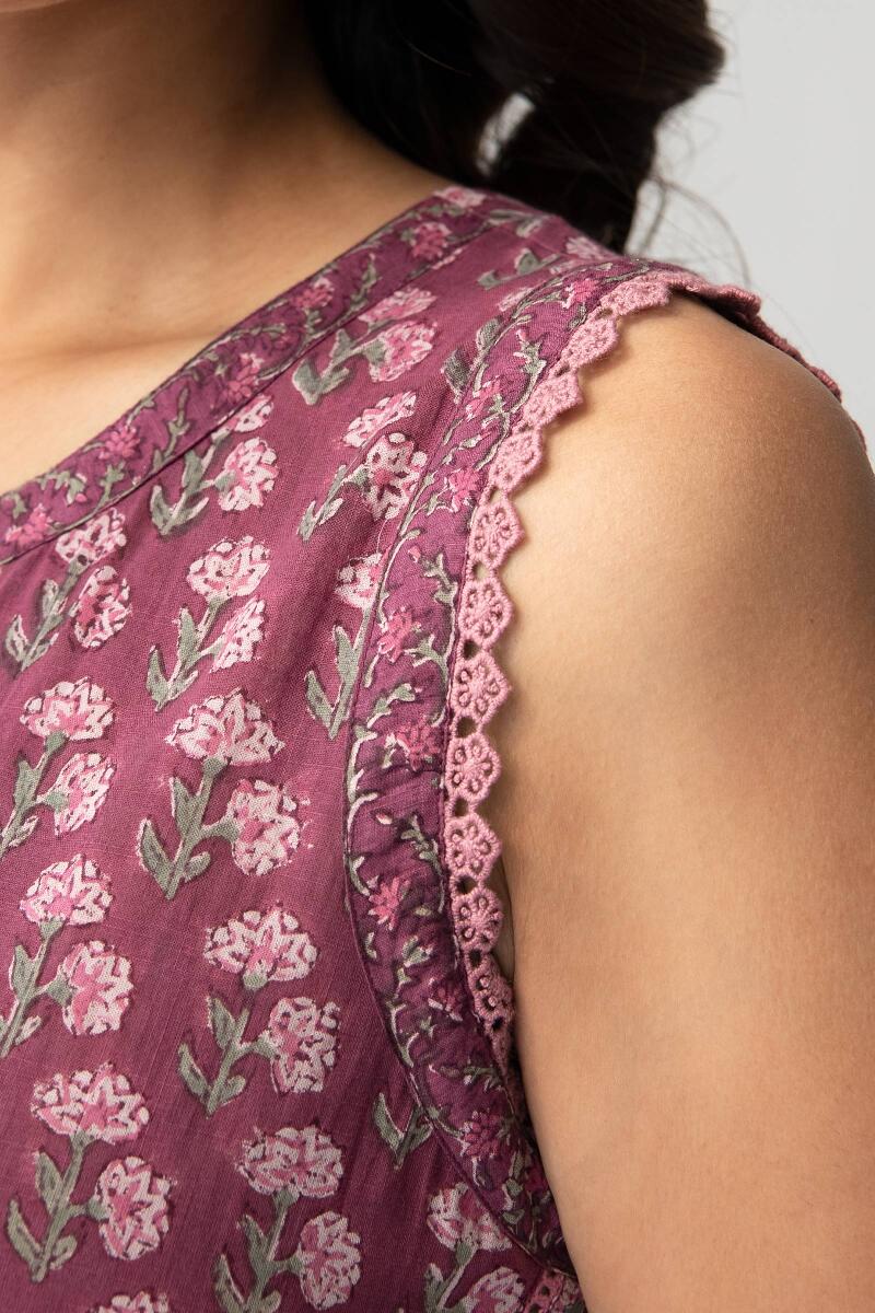 Purple Hand Block Printed A-Line Cotton Kurta