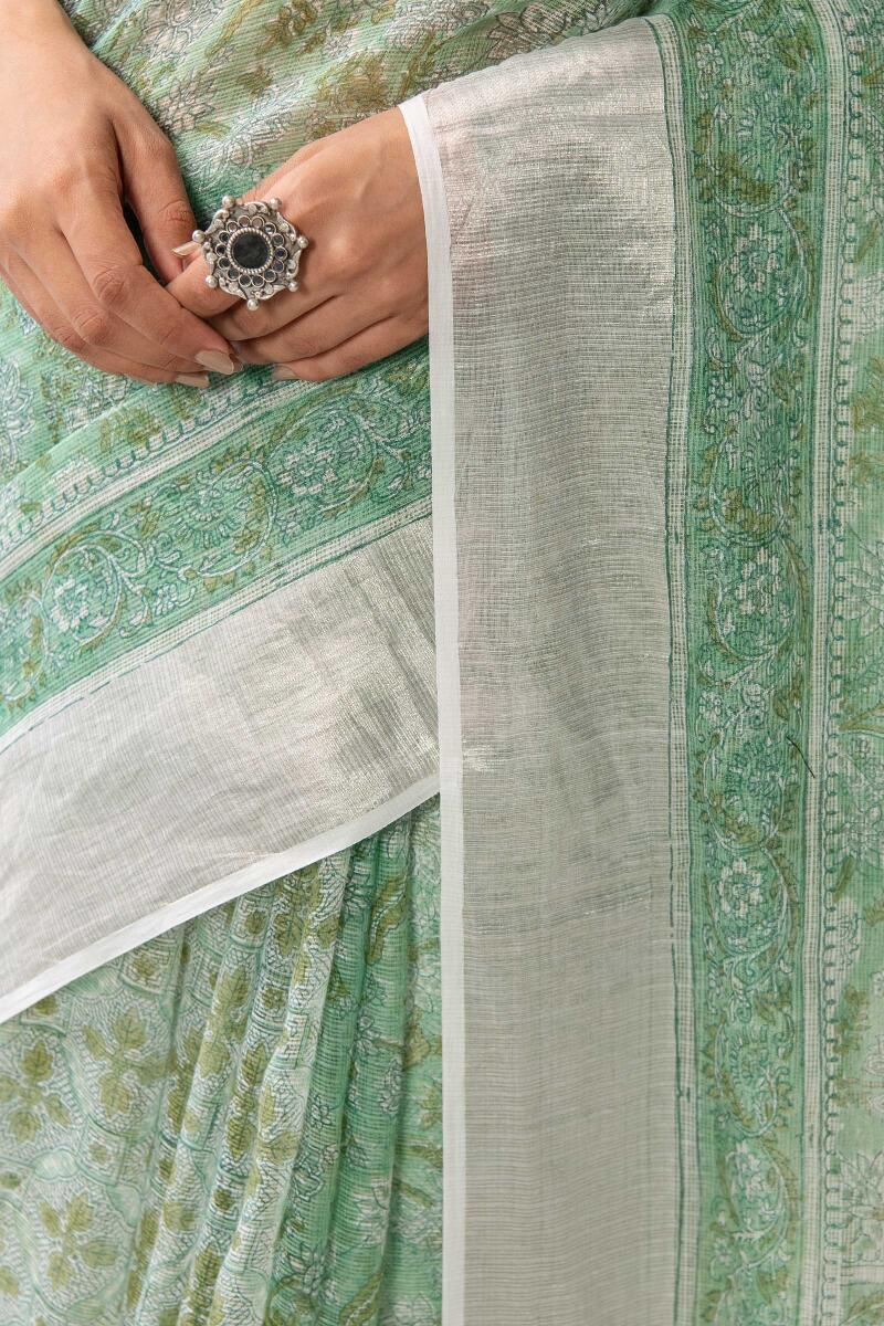 Green Hand Block Printed Kota Silk Saree